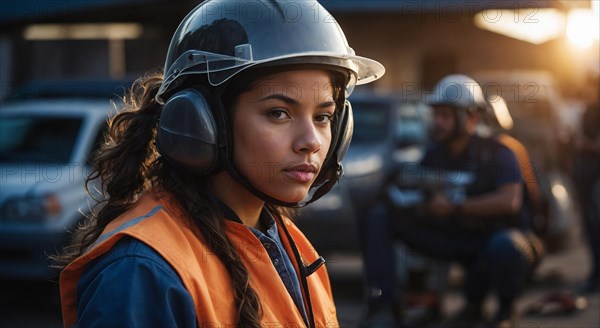 Serious woman with a helmet at a construction site during evening time, women at heavy industrial contruction jobs, feminine power and rights concept, blurry selective focus background, bokeh, AI generated