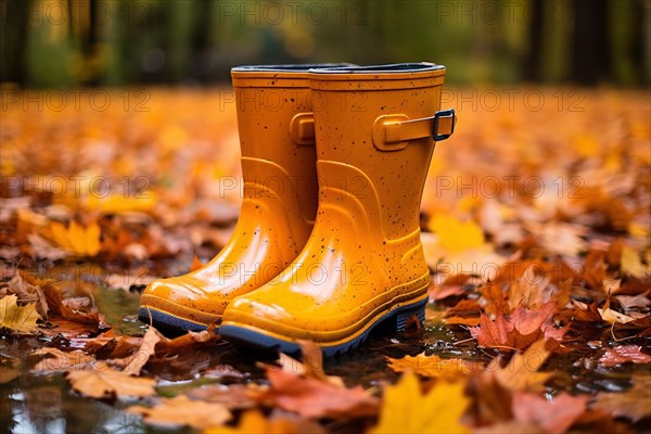 Pair of yellow rubber boots in forest with colorful autumn leaves. KI generiert, generiert AI generated