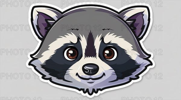 An expressive cartoon raccoon sticker with big eyes and grey fur, ai generated, AI generated