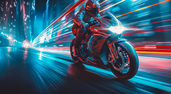 Motorcyclist racing through a neon-lit city at night, exuding a sense of speed and future, ai generated, AI generated
