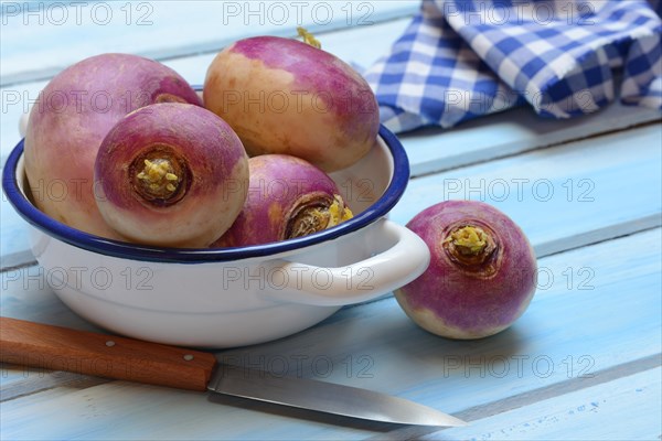 Purple beetroot in pot with knife, Brassica rapa