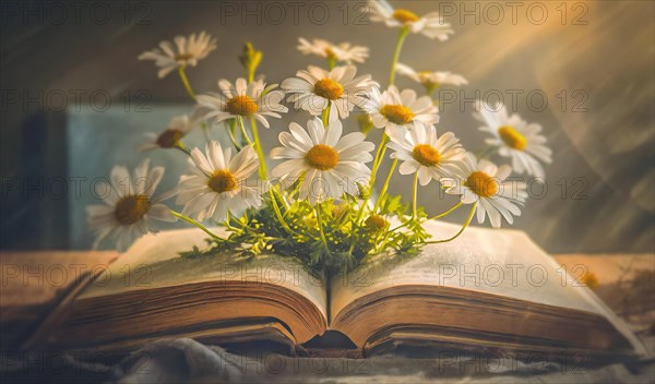 Daisy flowers growing out of an open book. The beautiful world inside a textbook. Educational and science concept. Inspirational storybook, back to school idea. AI generated art