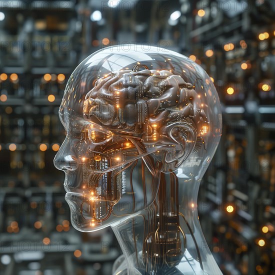 Medical a human head with brain and computer chip, symbol image KI in the human brain, ai generated, AI generated