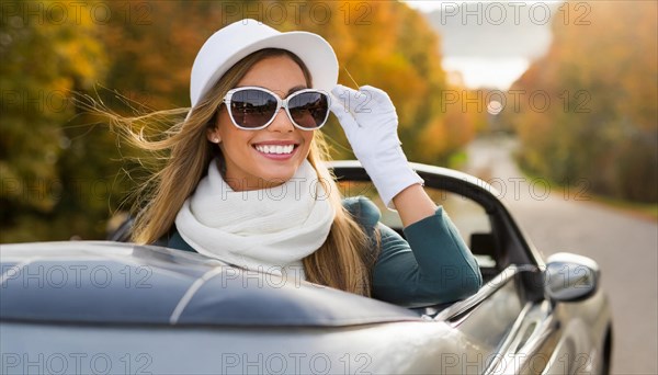 AI generated, A blonde woman enjoys her open-top convertible on a drive