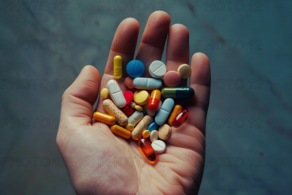 Hand holding many different colorful medical pills and capsules. KI generiert, generiert AI generated