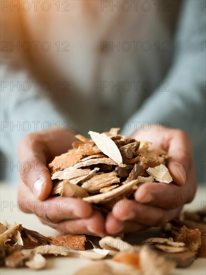 Holding woodchips in your hands, woodchips, renewable fuel, climate change, AI generated, AI generated