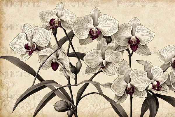 Botanical illustration of orchids vintage, AI generated