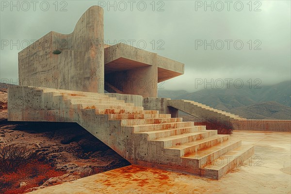 Deserted modern concrete building with abstract shapes under an overcast sky, AI generated