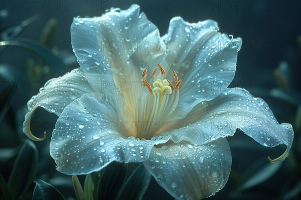 A delicate daylily covered in dew drops with a soft white and teal glow, AI generated