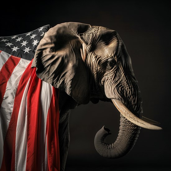 Profile view of a majestic elephant, the political symbol for the Republican Party, with an American flag wrapped around its shoulders, AI generated