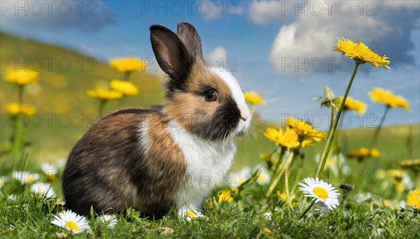 KI generated, A colourful dwarf rabbit in a meadow with white and yellow flowers, spring, side view, (Brachylagus idahoensis)