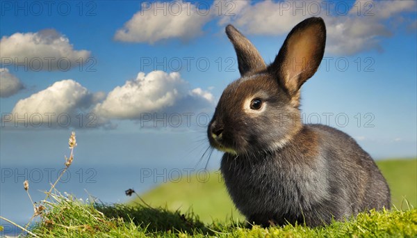 KI generated, A colourful dwarf rabbit in a meadow in summer, side view, (Brachylagus idahoensis)