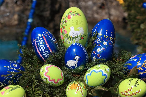 Detail of an Easter fountain in Franconian Switzerland, Bamberg district, Upper Franconia, Germany, many colourful blown-out and dyed eggs as decoration, Easter custom, Europe