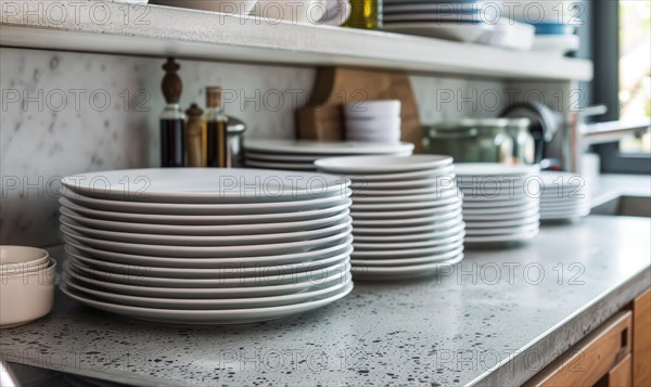 Modern minimalist kitchen scene with stacks of white dishes on a gray countertop AI generated
