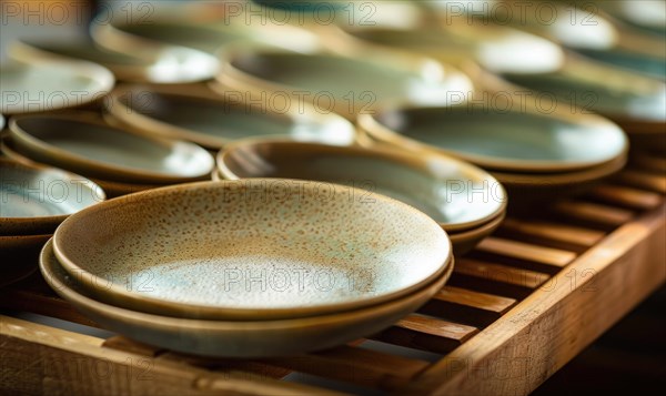 Assorted ceramic dishes arranged on a wooden shelf, emphasizing earthy colors AI generated
