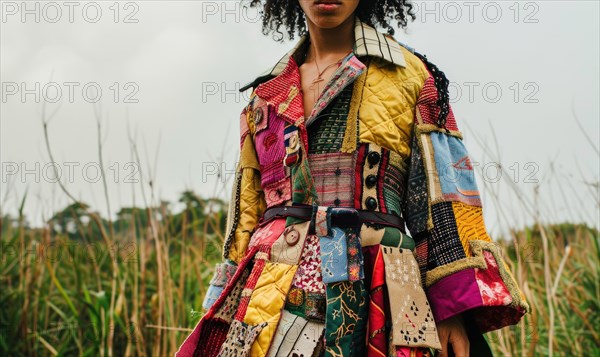 Person in a colorful patchwork coat standing in a field AI generated