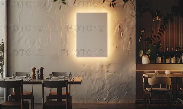 Modern restaurant interior featuring an illuminated frame on a white wall and minimalist decor AI generated