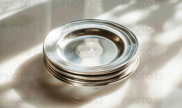 Stack of gleaming plates bathed in sunlight casting reflective patterns AI generated