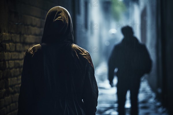 Back view of person covered in hood following a man in dark alles at night during rain. Stalking and crime concept. KI generiert, generiert AI generated