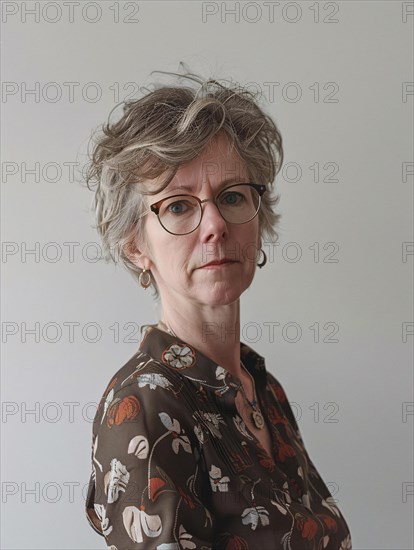 Elegant woman with glasses and wavy grey hair against a plain background, AI generated