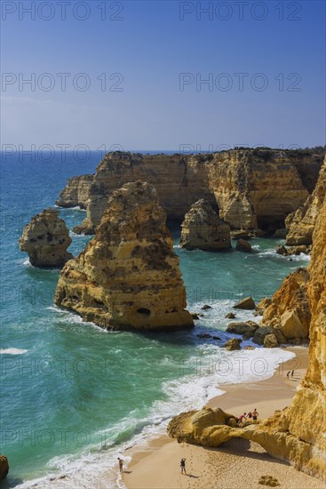 Beach, beach area in the Algarve, summer holiday, weather, sunny, Atlantic, beach, beach holiday, summer holiday, travel, holiday, tourism, nature, rocky, rocks, landscape, coastal landscape, rocky coast, cliffs, bay, bay of the sea, sea, Carvoeiro, Portugal, Europe