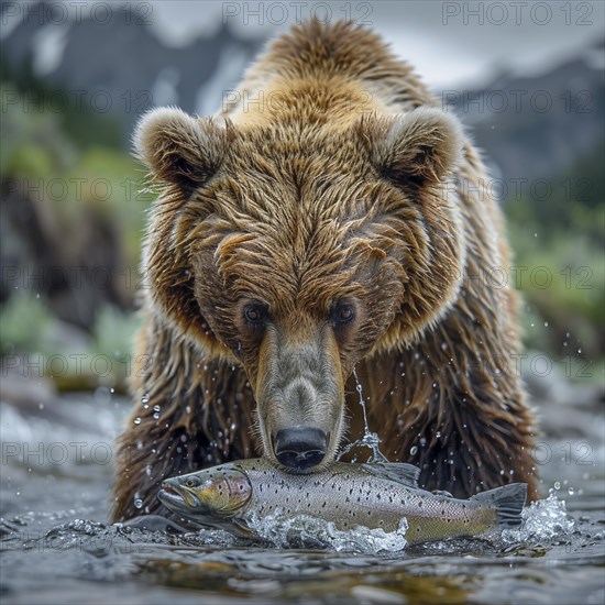 A brown bear hunts salmon in shallow clear water, AI generated