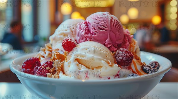 Colorful ice cream topped with almonds and fresh berries in a white bowl, ai generated, AI generated