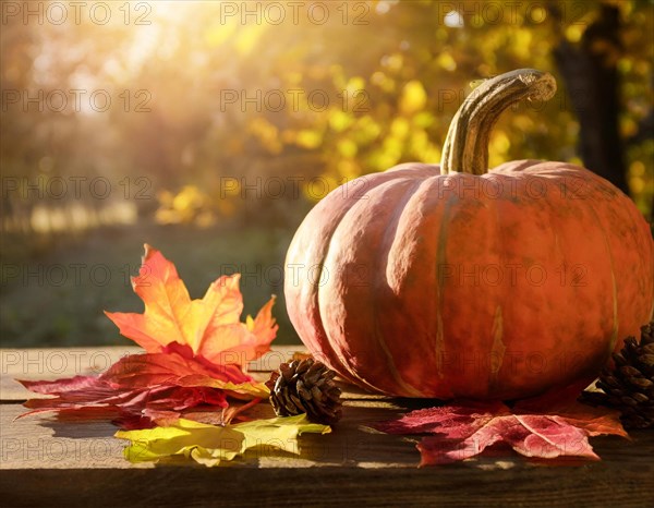 A glowing pumpkin surrounded by autumn leaves in the golden sunlight, AI generated, AI generated