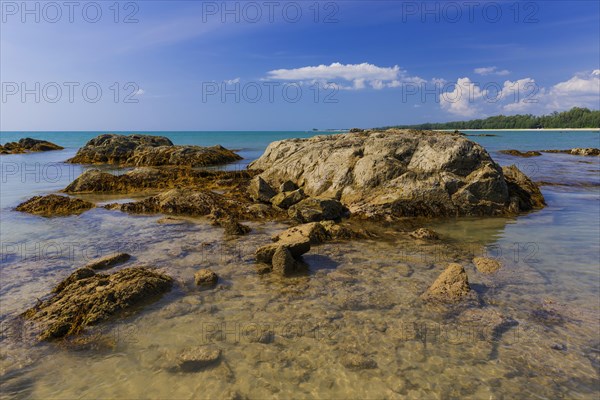 Rocky beach landscape at Silent beach in Khao lak, beach, stone beach, panorama, beach panorama, stony, rocks, beach holiday, holiday, travel, tourism, sea, seascape, coastal landscape, landscape, rocky, stony, ocean, beach holiday, water, salt water, nature, lonely, empty, nobody, dream beach, beautiful, weather, climate, sunny, sun, paradise, beach paradise, Thailand, Asia