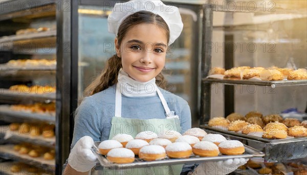 Ai generated, woman, 20, 25, years, shows, bakery, bakery shop, baquette, white bread, France, Paris, Europe