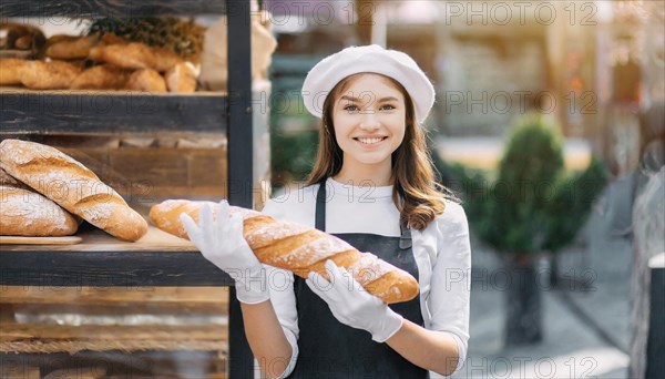 Ai generated, woman, 20, 25, years, shows, bakery, bakery shop, baquette, white bread, France, Paris, Europe