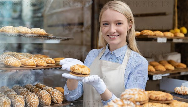 Ai generated, woman, 20, 25, years, shows, bakery, bakery shop, baquette, biscuits, white bread, France, Paris, Europe