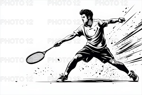 Athlete playing badminton, black and white illustration, AI generated