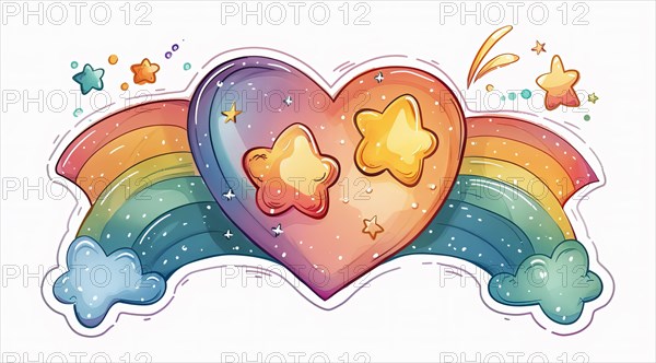An illustrated heart connected to a rainbow, surrounded by stars and clouds, evoking a magical vibe, ai generated, AI generated