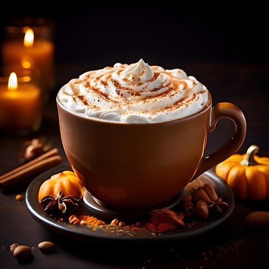 Pumpkin spice latte brimming with whipped crema, AI generated