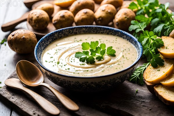 Steaming bowl of kartoffelsuppe garnished with fresh parsley and dill spoon rested, AI generated