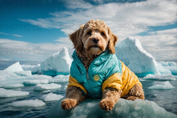 Lagotto Attentive dog wearing a blue yellow jacket on a floating ice sheet, alone isolated in the artic sea. Environmental and climate change issues concept, AI generated