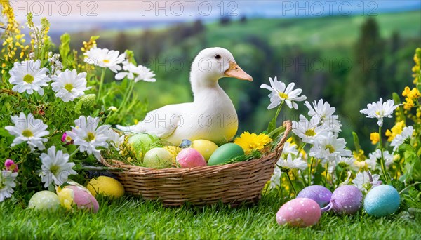 Ai generated, An Easter basket with coloured eggs in a meadow with colourful flowers, in the basket, white duck, domestic duck, symbolic picture Easter, animal children