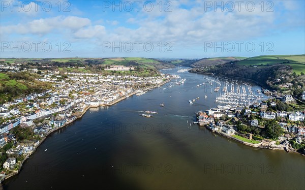 Dartmouth and Kingswear over River Dart from a drone, Devon, England, United Kingdom, Europe