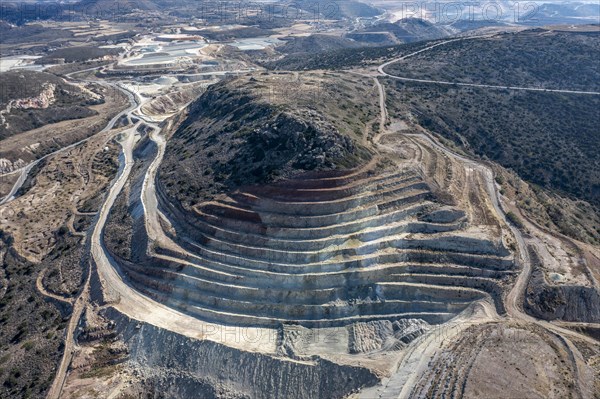 Mineral mining in the mountains near Apollonia, aerial view, Milos, Cyclades, Greece, Europe