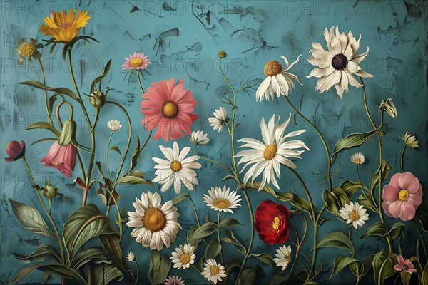 Illustration, daisies and other flowers in different colours, AI generated, AI generated, AI generated