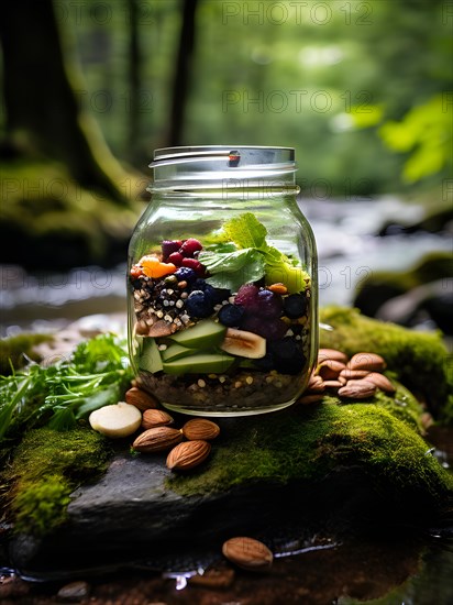 Mason jar salad featuring layers of quinoa mixed greens nuts and dried fruits, AI generated