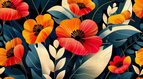 Modern digital design with elegant floral illustrations, showcasing blue, red, and orange tones, ai generated, AI generated