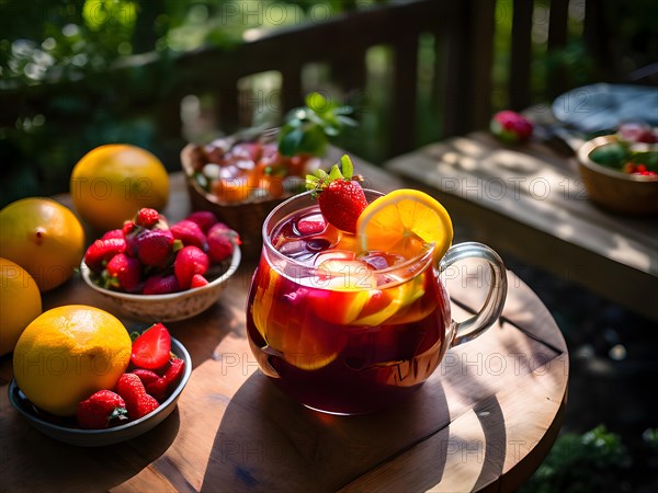 Homemade sangria pitcher brimming with sliced oranges lemons and apples, AI generated