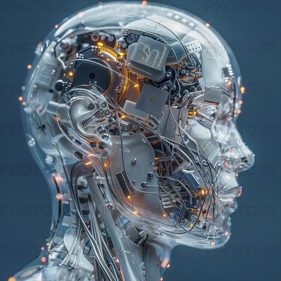 Medical a human head with brain and computer chip, symbol image KI in the human brain, ai generated, AI generated