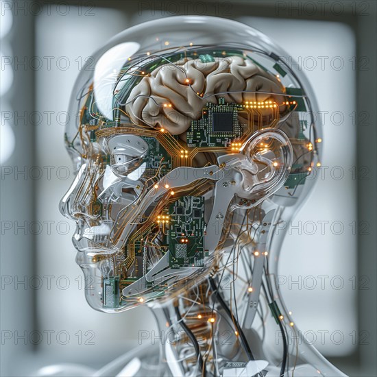 Medical a human head with brain and computer chip, symbol image KI in the human brain, ai generated, AI generated