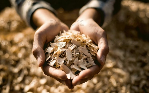 Holding woodchips in your hands, woodchips, renewable fuel, climate change, AI generated, AI generated