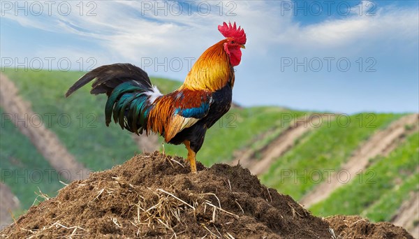 KI generated, A beautiful rooster stands on a dung heap, farmyard, (Gallus gallus domesticus)