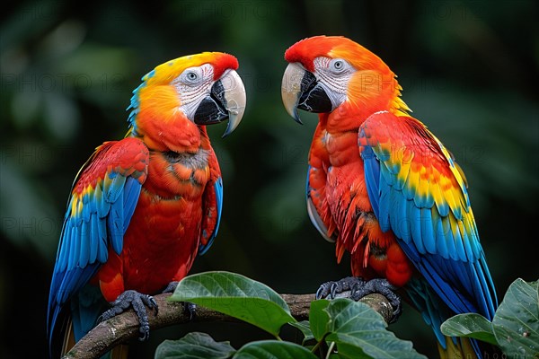 Two vibrant macaws with red, blue, and yellow feathers perch side by side, AI generated