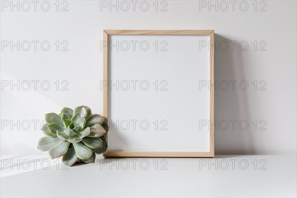 Single wooden empty picture frame leaning on white wall next to succulent houseplant. Poster mockup. KI generiert, generiert AI generated